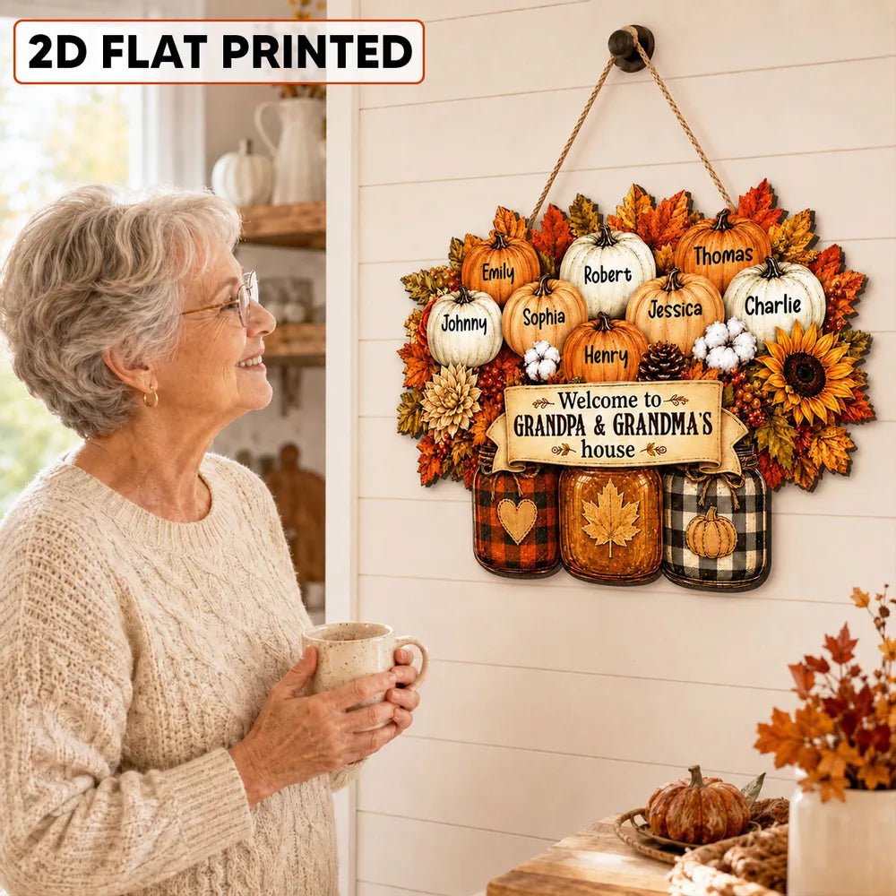 "Welcome To Grandpa & Grandma's House" Personalized Fall Wood Sign - Custom Gift for Grandparents