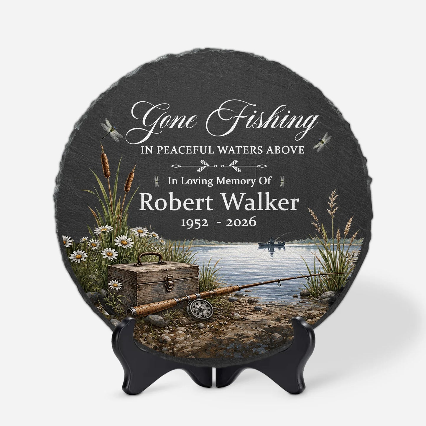 Gone Fishing In Peaceful Waters Above - Personalized Fishing Memorial Garden Stone