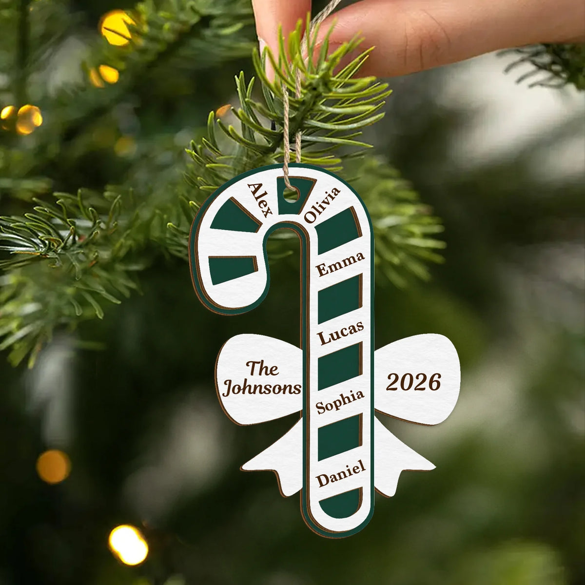 Custom Candy Cane Family Name Wooden Ornament - Personalized Christmas Tree Keepsake