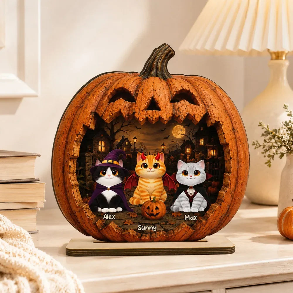Plaque material and size view - Personalized Halloween Cat Wooden Plaque