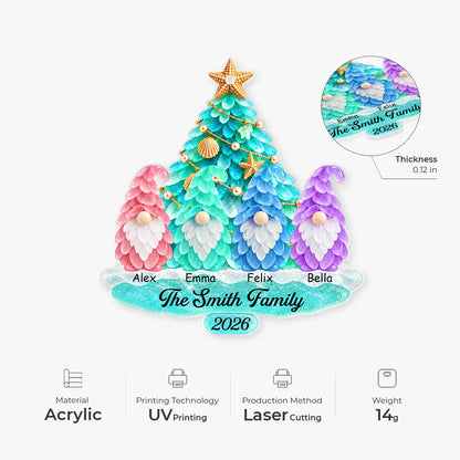 Personalized Coastal Gnome Family Acrylic Ornament - Custom Sea Glass Christmas Tree Gift