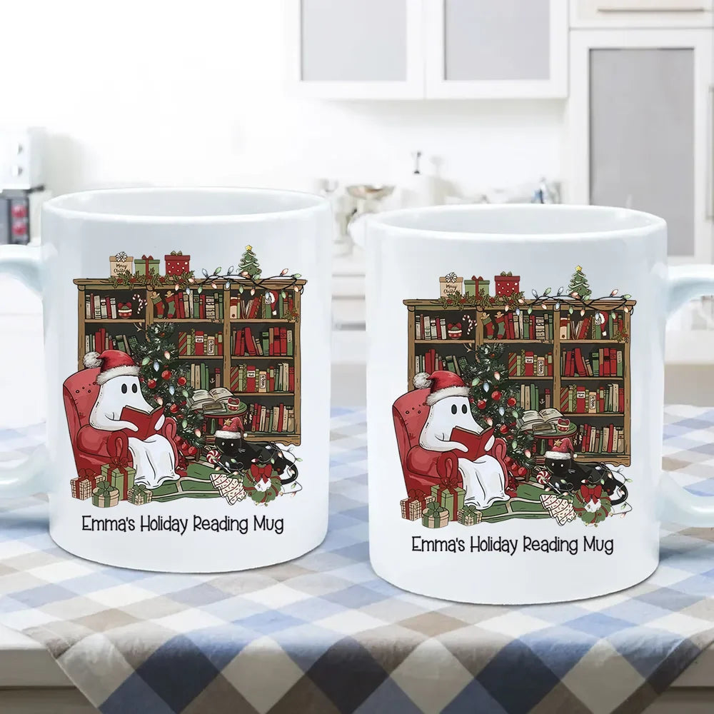 Custom Holiday Reading Mug - Personalized Christmas Ghost Book Lovers Ceramic Mug