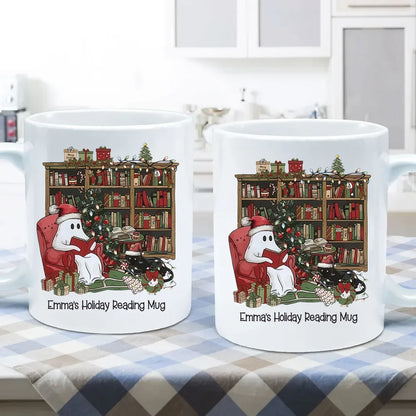 Custom Holiday Reading Mug - Personalized Christmas Ghost Book Lovers Ceramic Mug