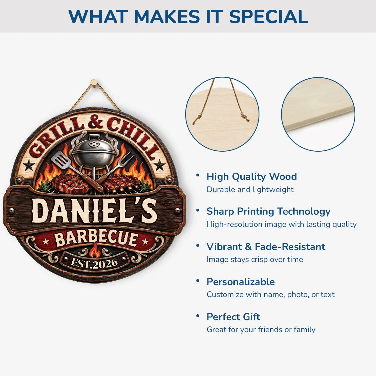 Grill & Chill Barbecue Wood Sign Personalized BBQ Sign - Dad, Husband Grill Master Gift