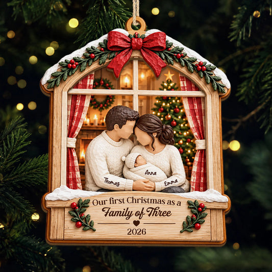 Our First Christmas as a Family of Three - Personalized Wooden Ornament Gift for New Parents