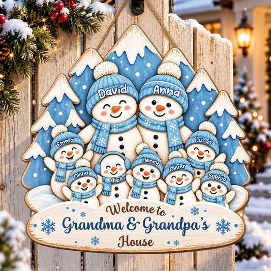 Welcome to Grandma & Grandpa's House - Personalized Wood Sign Custom Snowman Family Christmas Gift
