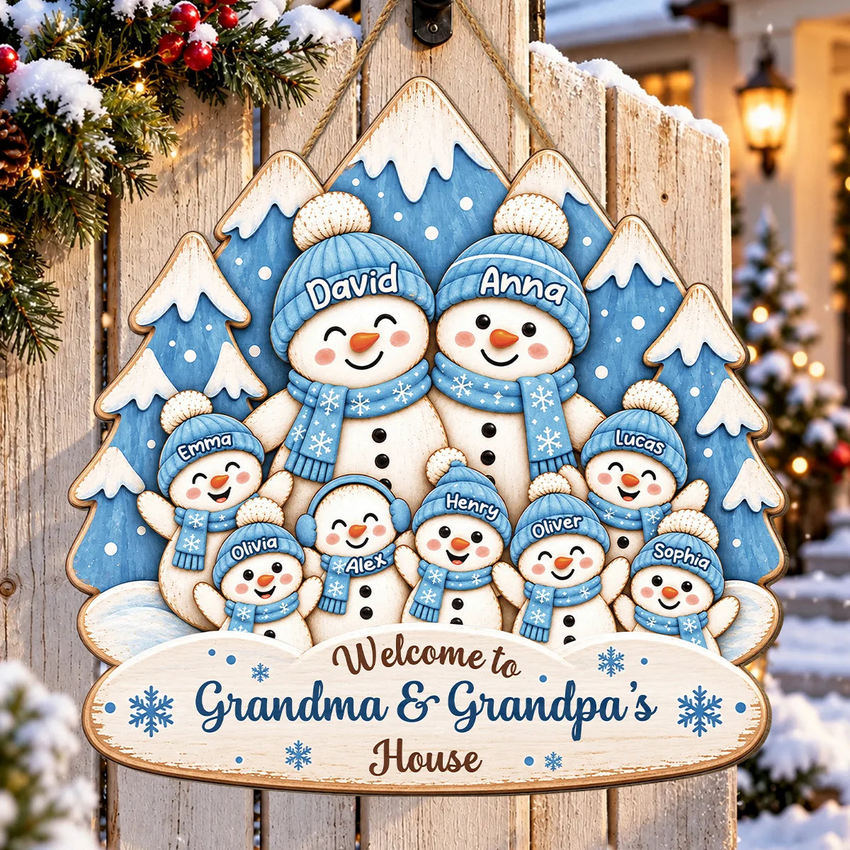 Welcome to Grandma & Grandpa's House - Personalized Wood Sign Custom Snowman Family Christmas Gift