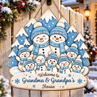 Welcome to Grandma & Grandpa's House - Personalized Wood Sign Custom Snowman Family Christmas Gift