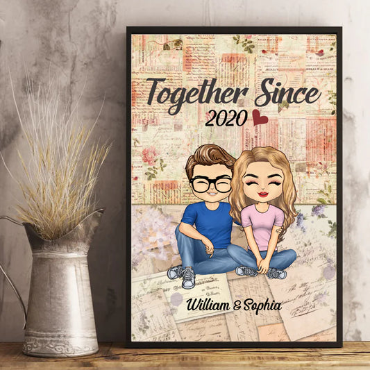 Personalized Together Since canvas print featuring a custom cartoon couple illustration with names and anniversary year.