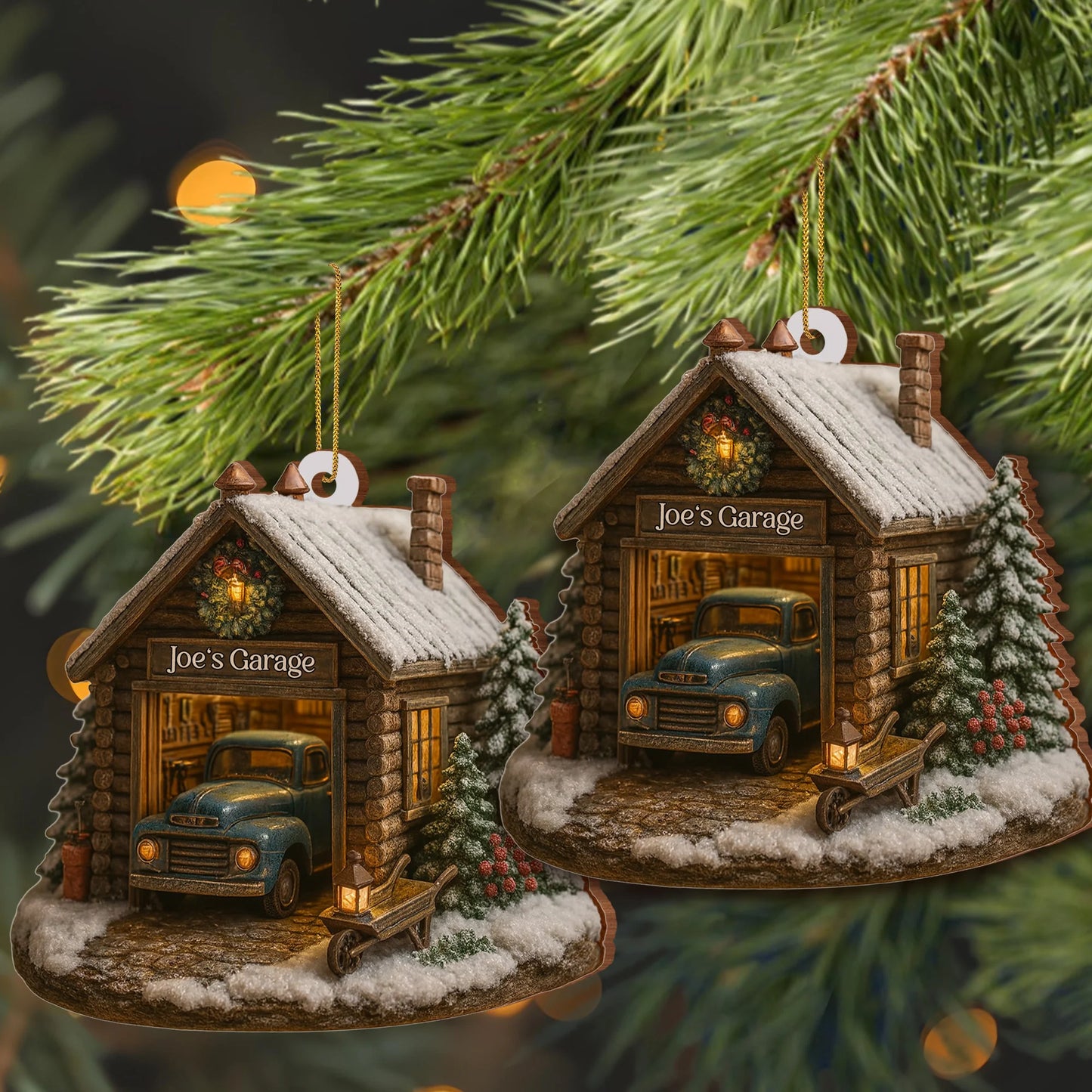 Welcome To Joe's Garage With Vintage Truck And Christmas Trees