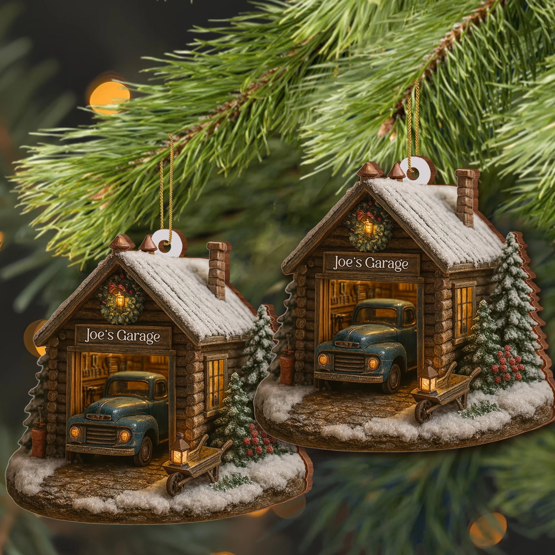 Welcome To Joe's Garage With Vintage Truck And Christmas Trees
