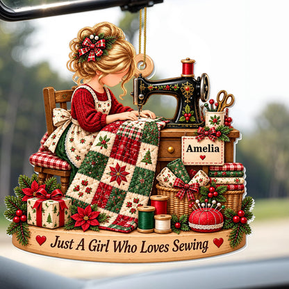 Just A Girl Who Loves Sewing Personalized Acrylic Ornament - Custom Quilter Gift for Mom