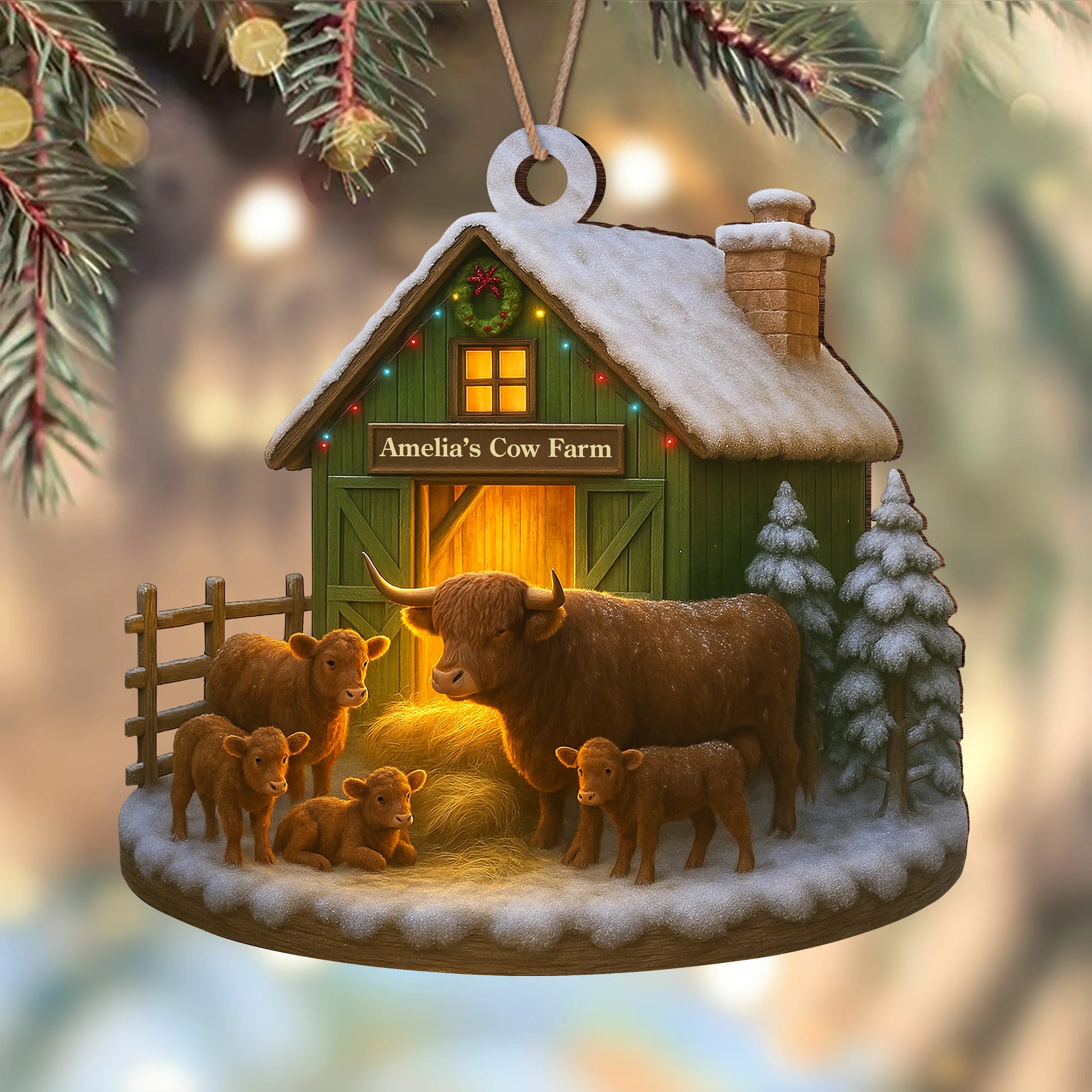 Custom Name Highland Cow Farm Wood Ornament - Personalized Farmhouse Christmas Tree Decoration and Holiday Keepsake Gift
