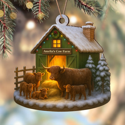 Custom Name Highland Cow Farm Wood Ornament - Personalized Farmhouse Christmas Tree Decoration and Holiday Keepsake Gift