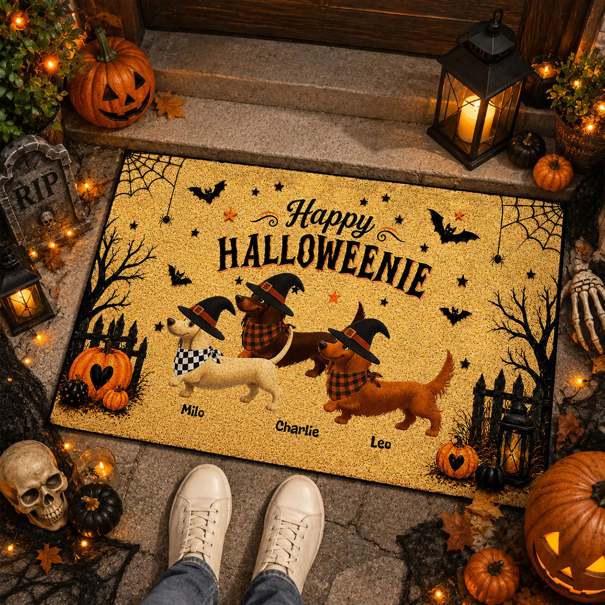 Doormat material and size view - Personalized Dachshund Halloween Doormat