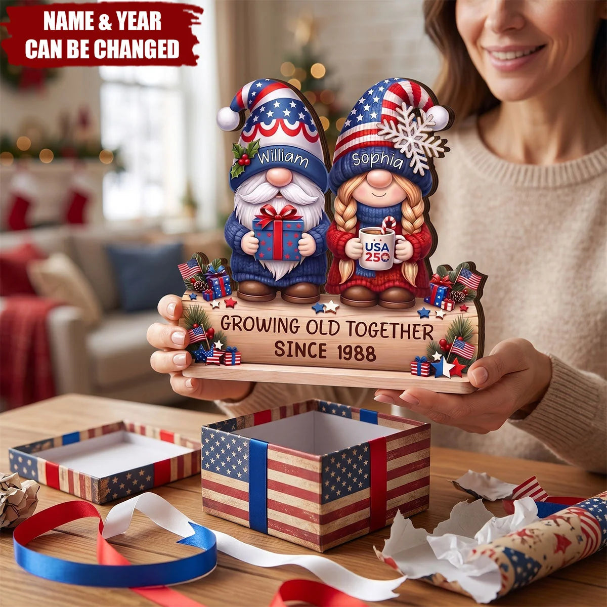 "Growing Old Together" Personalized Gnome Couple Wooden Block - Custom Husband Wife Anniversary Gift
