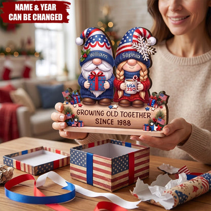 "Growing Old Together" Personalized Gnome Couple Wooden Block - Custom Husband Wife Anniversary Gift