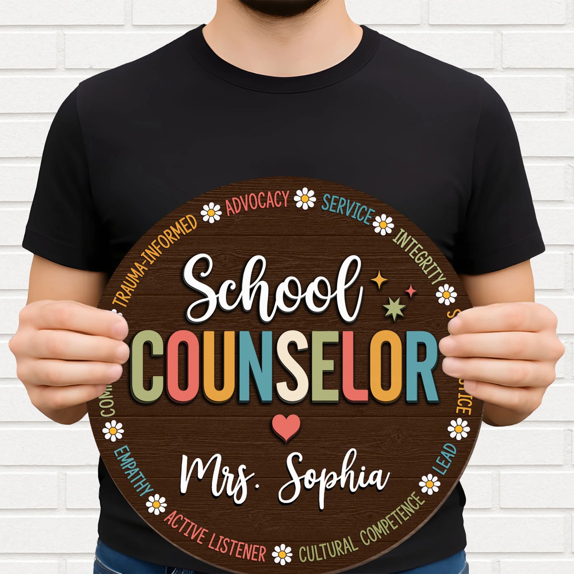 Personalized school counselor wooden sign with daisy flowers and custom name print for office decor image 8