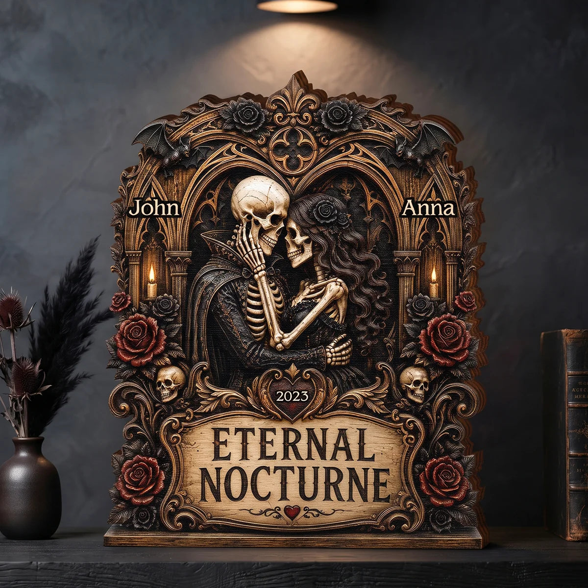 Eternal Nocturne Gothic Skeleton Couple - Personalized Wooden Block Gift