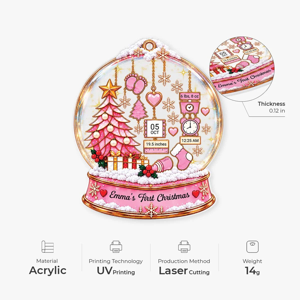 Baby's First Christmas Snow Globe Personalized Acrylic Ornament -Custom Birth Stats Keepsake Gift