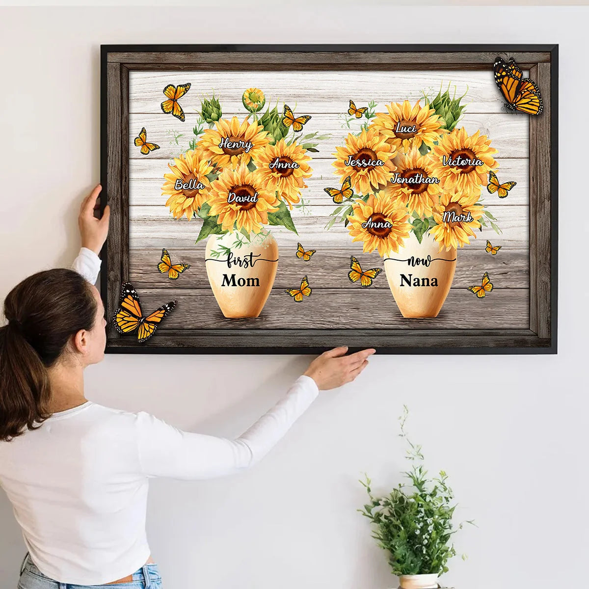 "First Mom Now Grandma" Sunflower Pot Personalized Canvas / Poster - Custom Wall Art Gift for Mom & Grandma