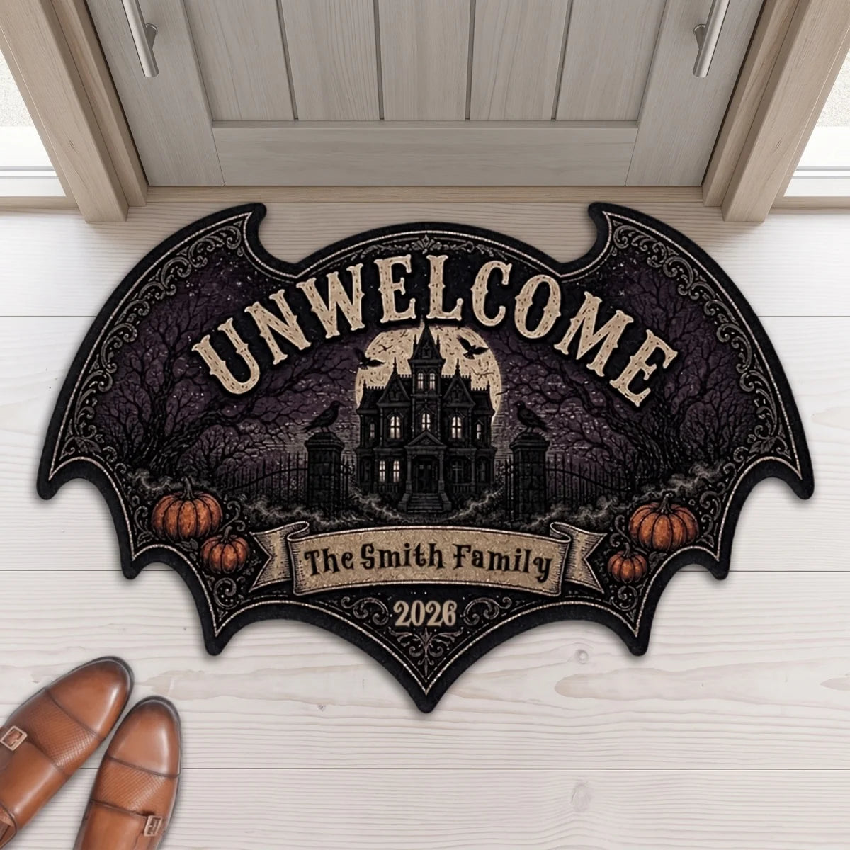 "UNWELCOME" Personalized Bat Shaped Doormat - Gothic Halloween Outdoor Rug Decor for Family Housewarming