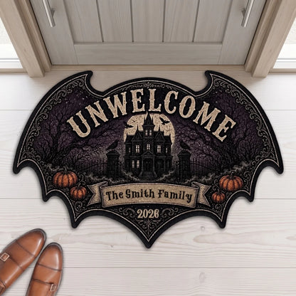 "UNWELCOME" Personalized Bat Shaped Doormat - Gothic Halloween Outdoor Rug Decor for Family Housewarming