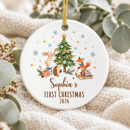 First Christmas Personalized Ceramic Ornament - Custom Woodland Animal Keepsake for Kids