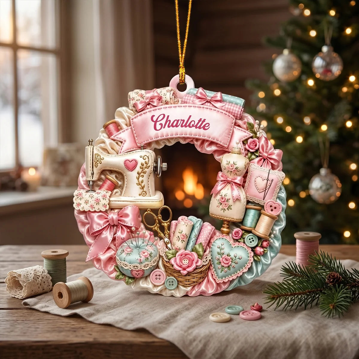 Vintage Sewing Machine Wreath Personalized Wooden Ornament - Custom Name Christmas Keepsake Gift  for Quilters and Crafters