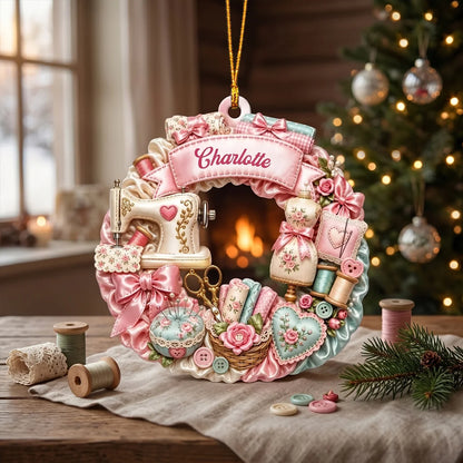 Vintage Sewing Machine Wreath Personalized Wooden Ornament - Custom Name Christmas Keepsake Gift  for Quilters and Crafters