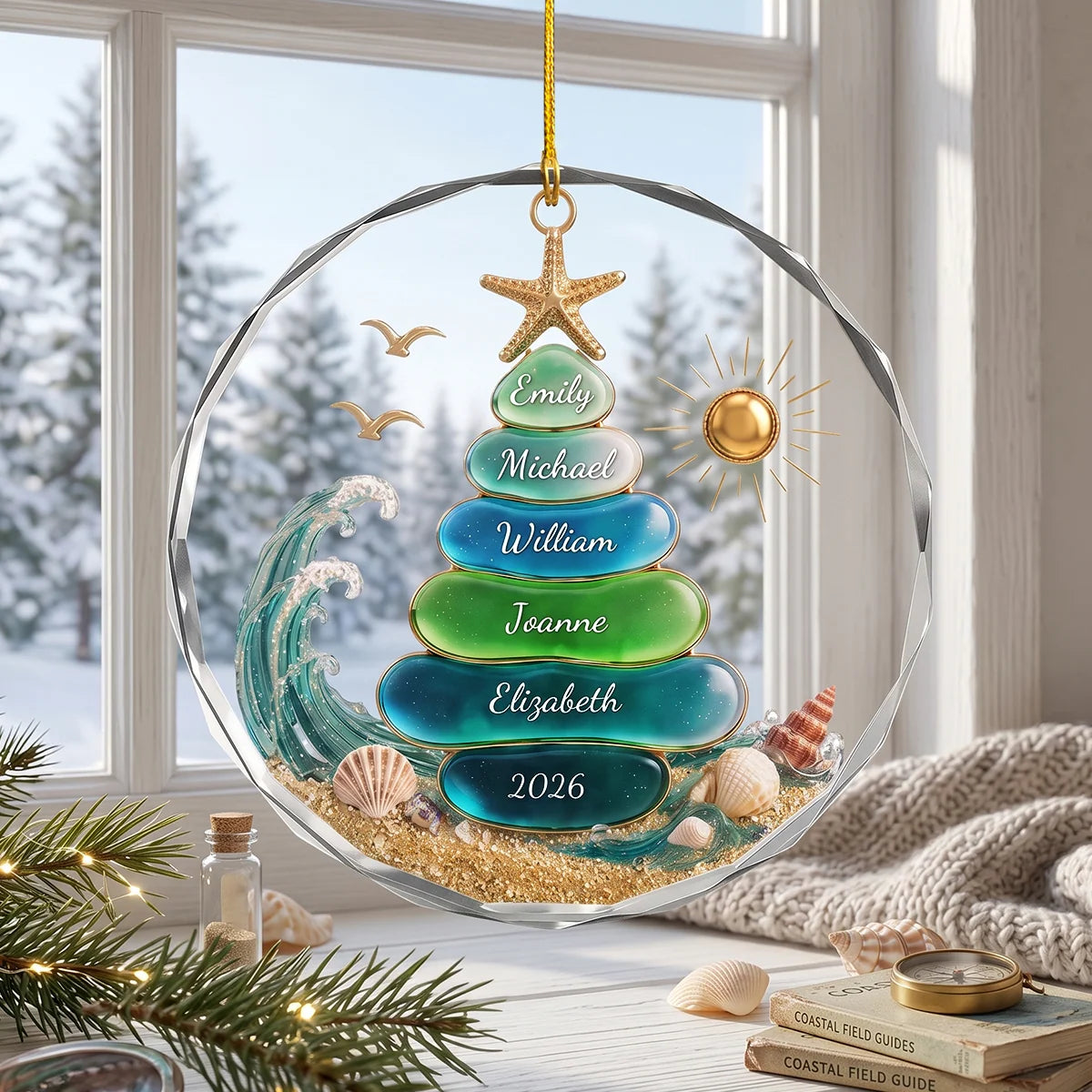 Sea Glass Christmas Tree Ornament - Personalized Glass Keepsake for Family
