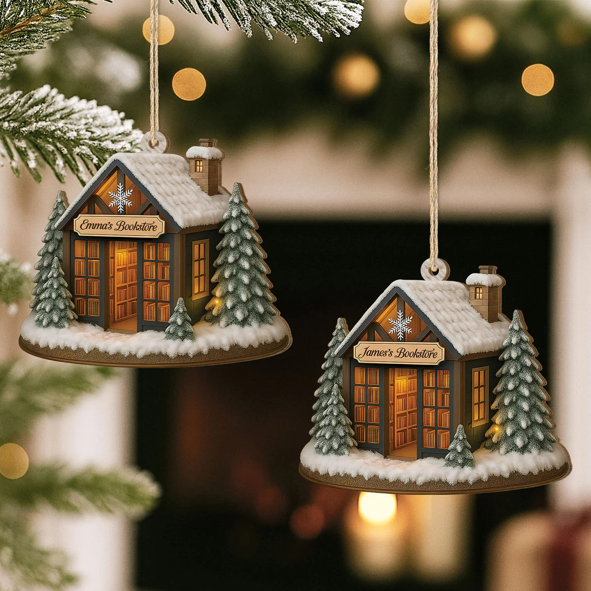 Cozy Winter Bookstore Personalized Wooden Ornament - Custom Christmas Gift for Book Lovers