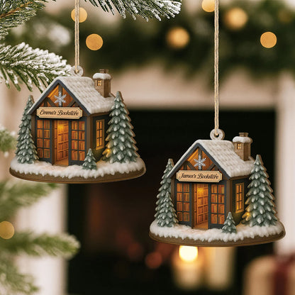 Cozy Winter Bookstore Personalized Wooden Ornament - Custom Christmas Gift for Book Lovers