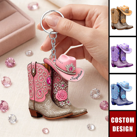 Personalized cowgirl boots acrylic keychain with custom name hat charm - unique western gift for women