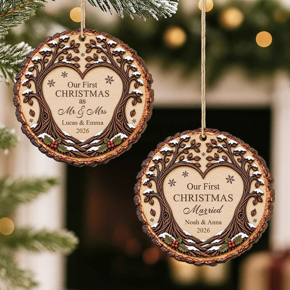 "Our First Christmas as Mr & Mrs" Personalized Wood Ornament - Keepsake Gift for Couples