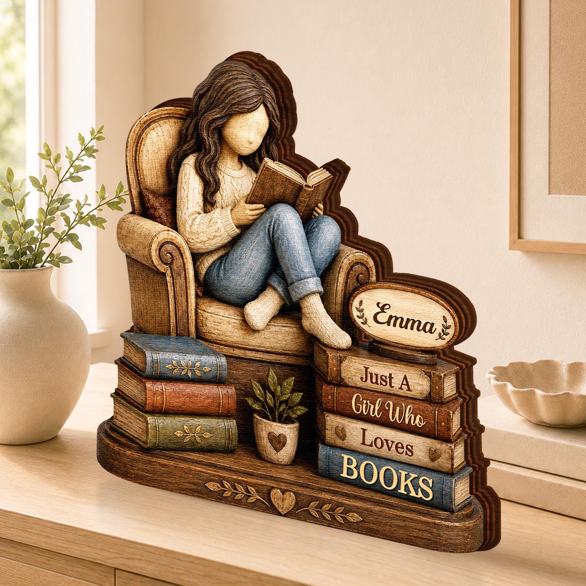 Just A Girl Who Loves Books Personalized Wooden Block - Custom Name Vintage Reader Figurine Gift for Bookworm