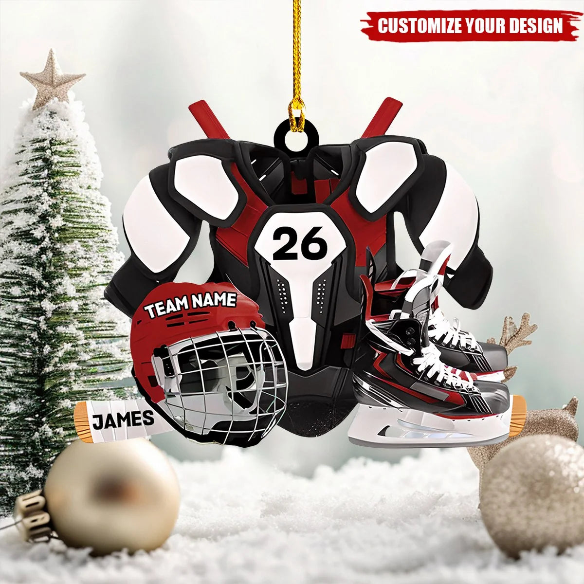 Personalized hockey player ornament featuring skates, helmet, and stick for hockey lovers