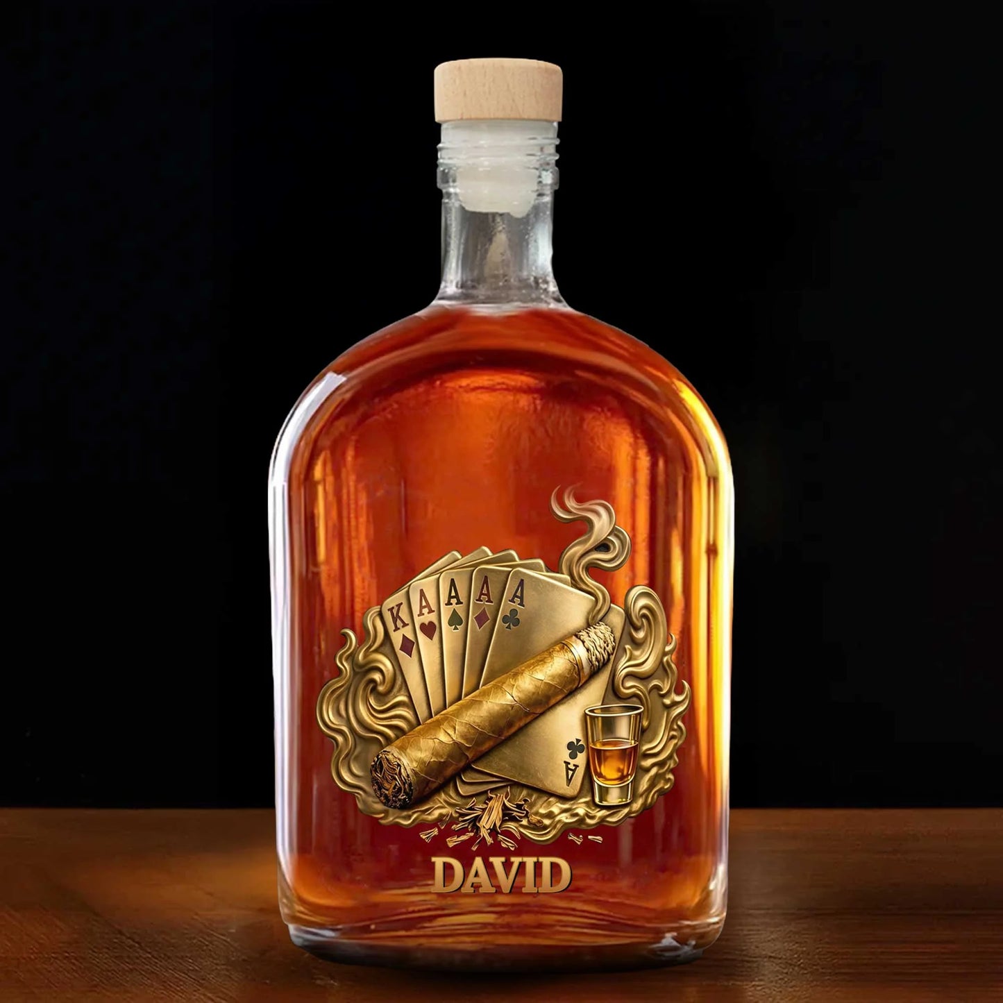 Custom whiskey decanter featuring a premium UV-printed poker cards and cigar design personalized with the name David.