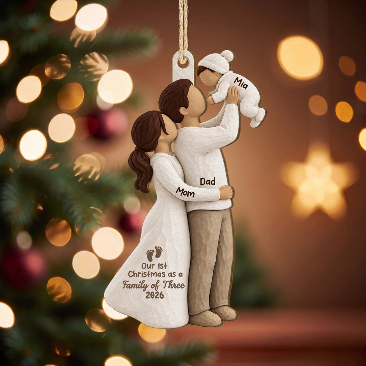 Our First Christmas as a Family of Three Personalized Wooden Ornament - Custom Baby Keepsake Gift for New Parents