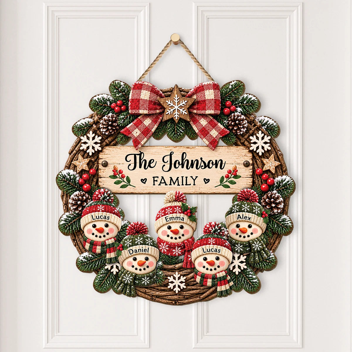 Custom Snowman Family Christmas Wood Sign - Personalized Holiday Door Wreath Keepsake Gift for Home Decor
