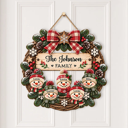 Custom Snowman Family Christmas Wood Sign - Personalized Holiday Door Wreath Keepsake Gift for Home Decor