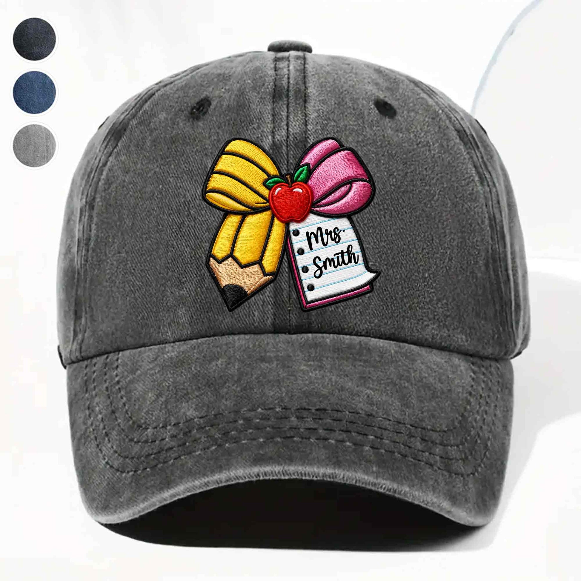 Personalized teacher appreciation gifts custom washed denim cap with pencil and apple design for teacher