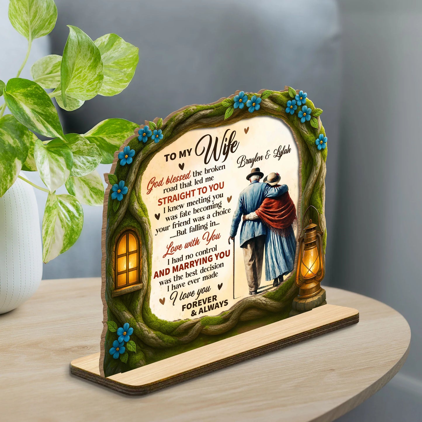 Personalized wife wood plaque with God Blessed The Broken Road quote and custom couple names image 7