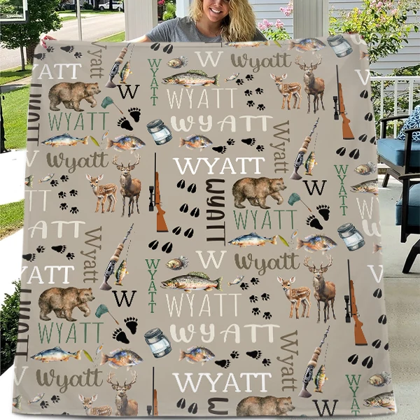 Custom Hunting Baby Blanket - Outdoor Bear Deer Fishing Personalized Name Blanket