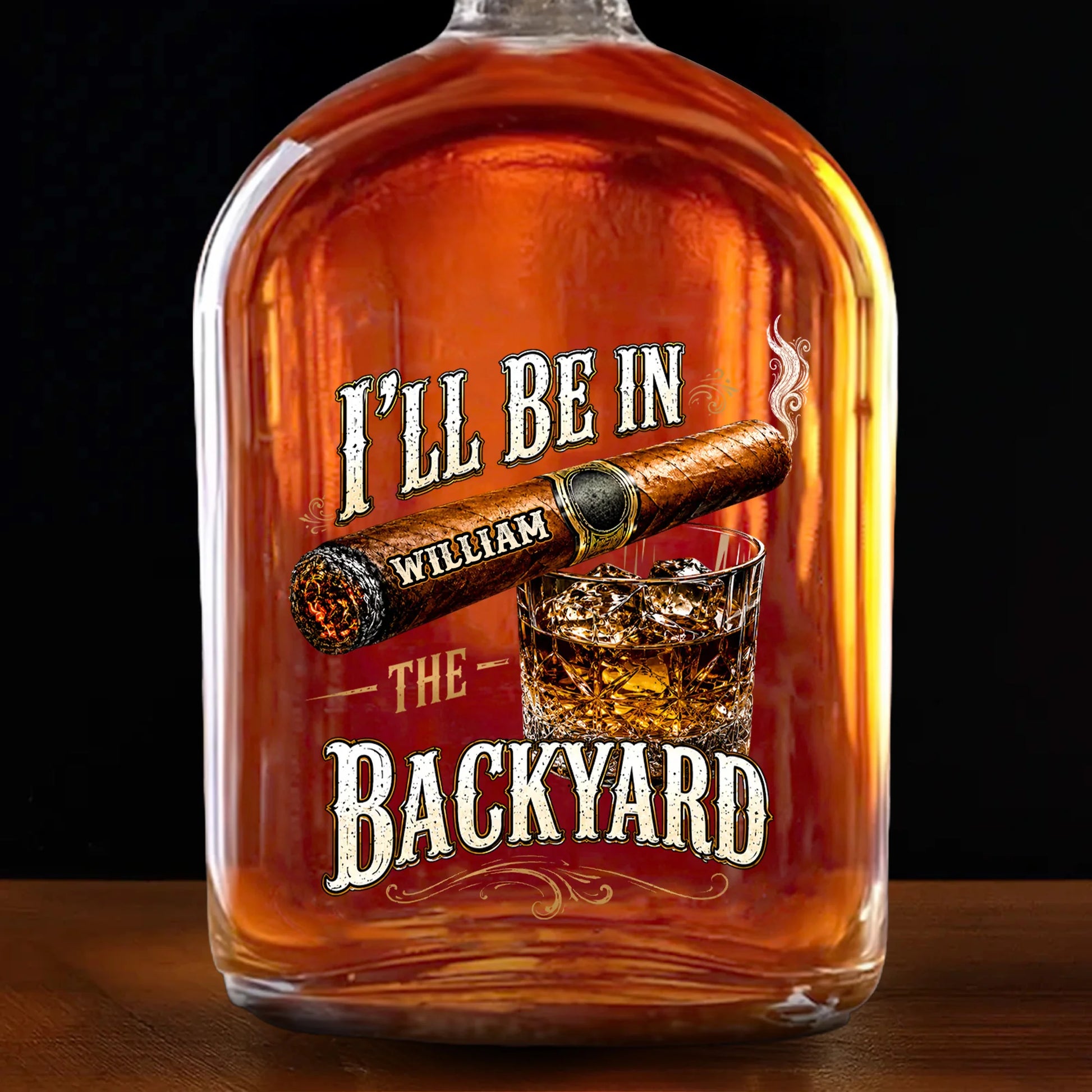 Custom whiskey decanter bottle printed with I'll Be In The Backyard cigar design - personalized gifts for dad image 9