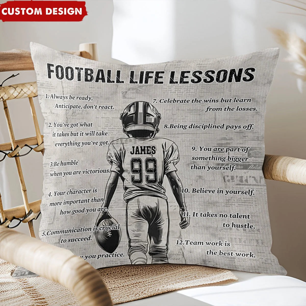 Football Life Lessons Personalized Pillow - Custom Name Number Throw Pillow Gift