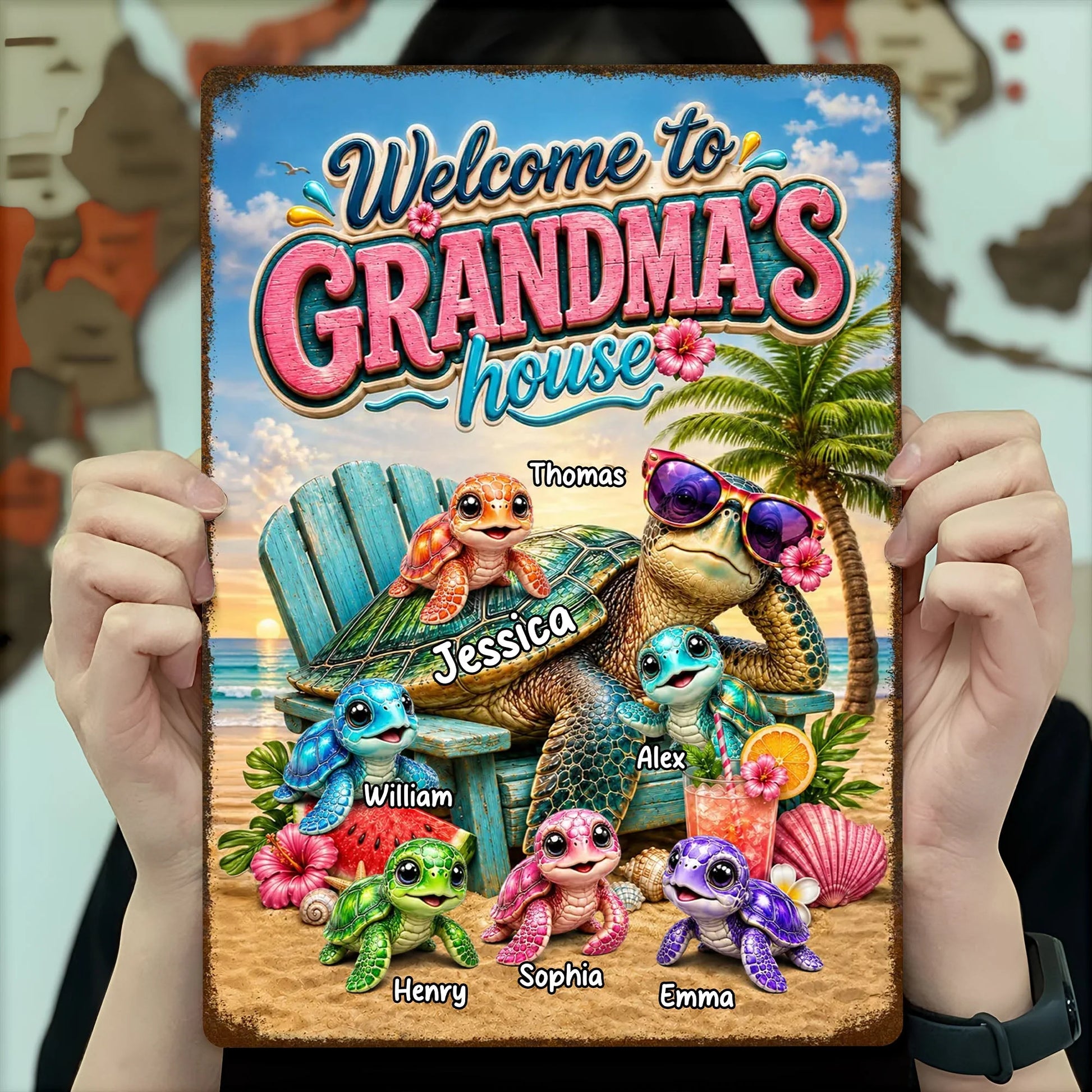 Personalized grandma beach metal sign with welcome to grandma's house text and custom grandkids sea turtles image 6