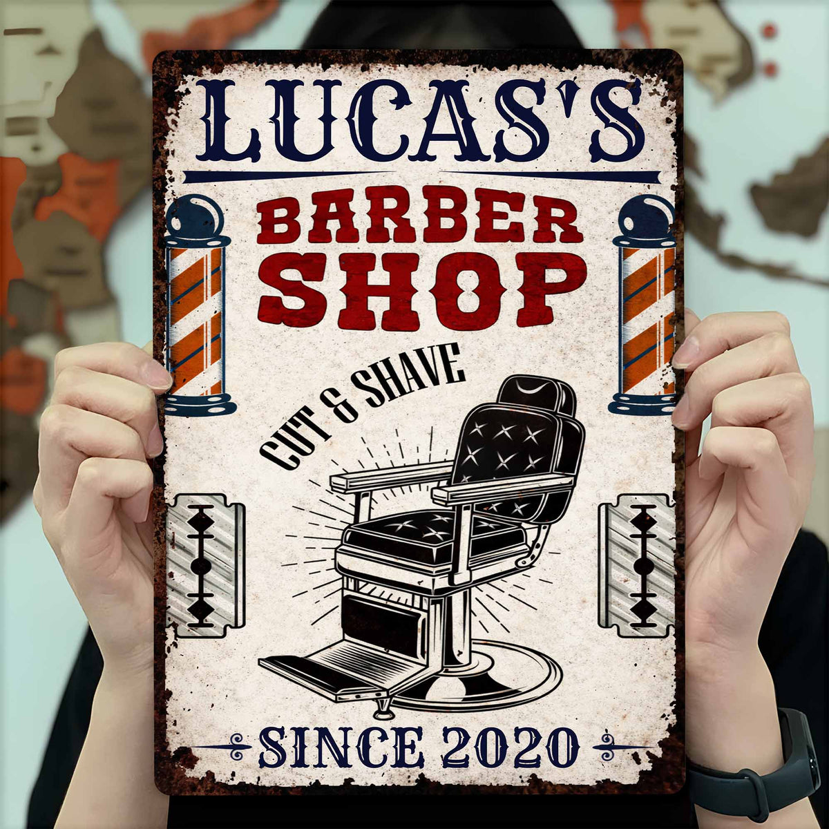 Custom Barber Shop Cut & Shave Metal Sign - Personalized Barber Chair Wall Decor for Men