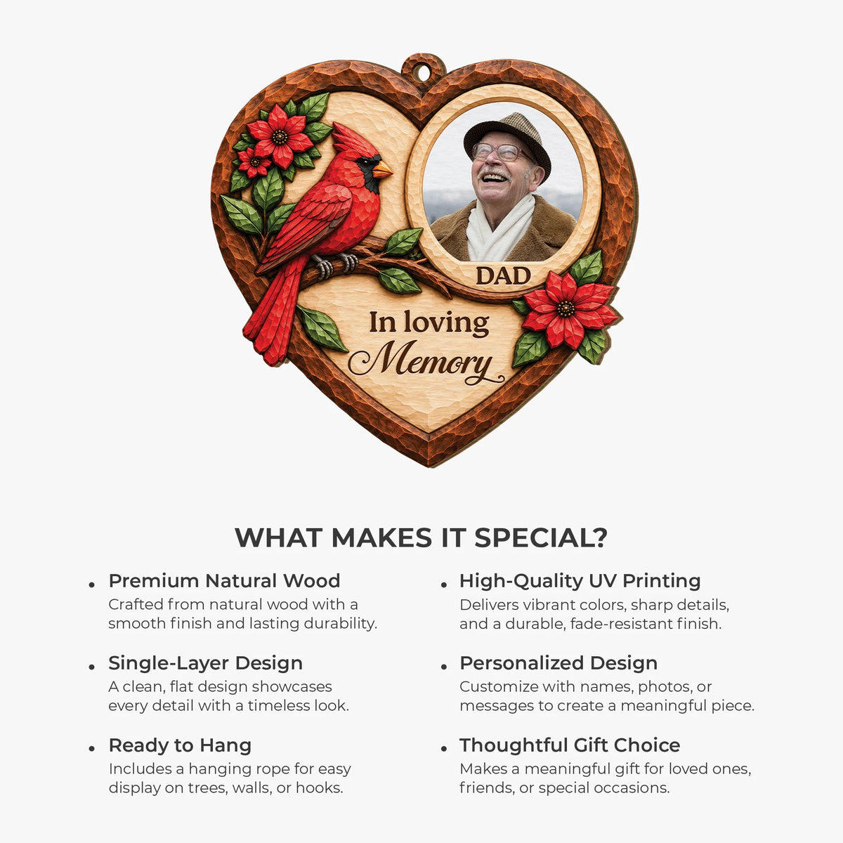 In Loving Memory Personalized Photo Wooden Ornament - Custom Cardinal Memorial Gift for Mom Dad