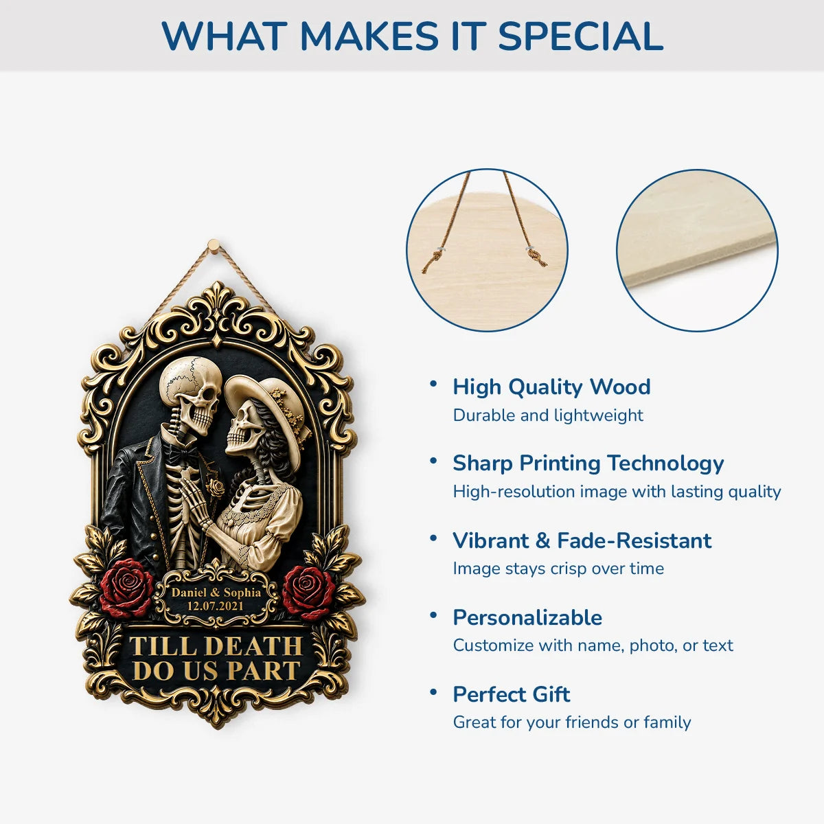 "Till Death Do Us Part" Personalized Couple Wood Sign - Custom Skeleton Halloween Decor Gift